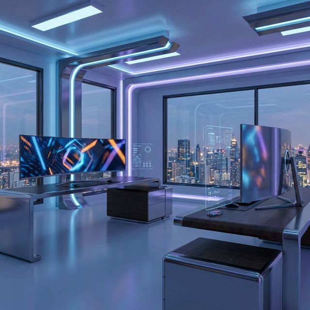 A cinematic, ultra-modern digital design studio with floating holographic displays and ambient neon lighting, evoking innovation and creativity, no people